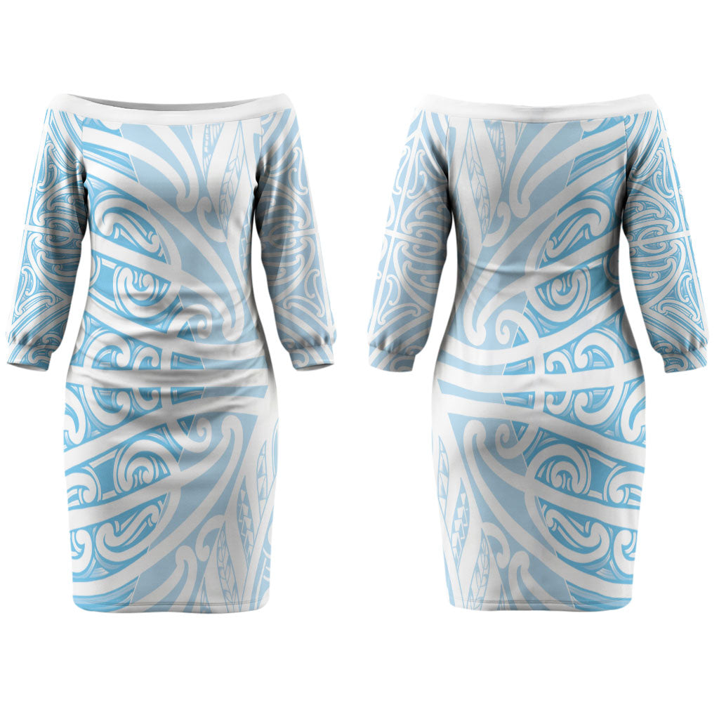 Blue New Zealand Puhoro Maori Tattoo Couples Matching Off The Shoulder Long Sleeve Dress and Hawaiian Shirt LT14 - Polynesian Pride