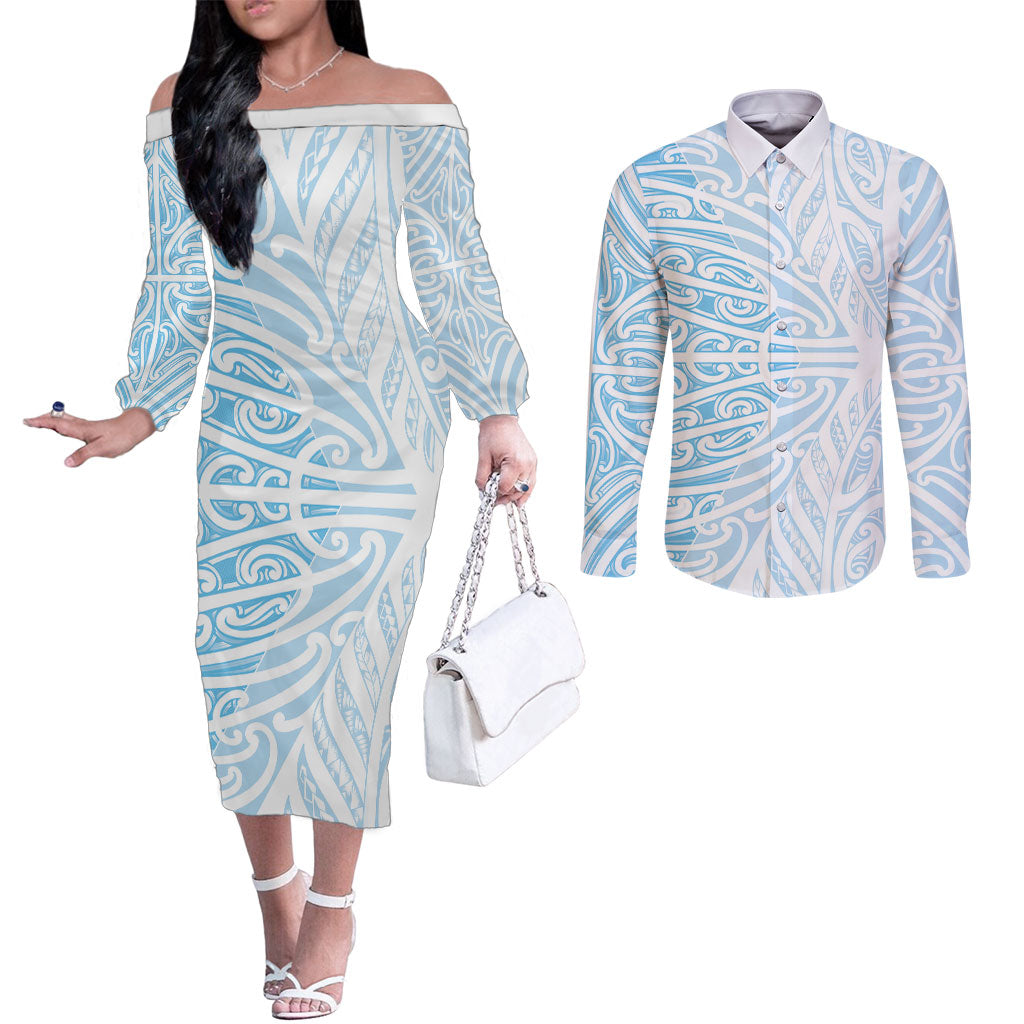 Blue New Zealand Puhoro Maori Tattoo Couples Matching Off The Shoulder Long Sleeve Dress and Long Sleeve Button Shirt LT14 Blue - Polynesian Pride