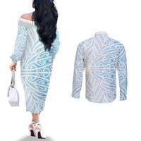Blue New Zealand Puhoro Maori Tattoo Couples Matching Off The Shoulder Long Sleeve Dress and Long Sleeve Button Shirt LT14 - Polynesian Pride