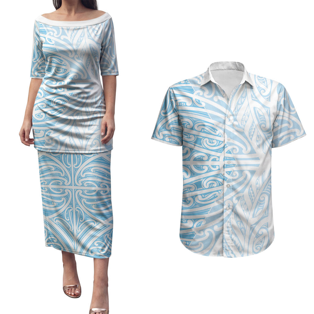 Blue New Zealand Puhoro Maori Tattoo Couples Matching Puletasi and Hawaiian Shirt LT14 Blue - Polynesian Pride