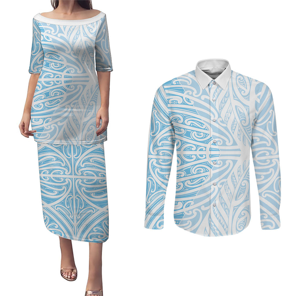 Blue New Zealand Puhoro Maori Tattoo Couples Matching Puletasi and Long Sleeve Button Shirt LT14 Blue - Polynesian Pride