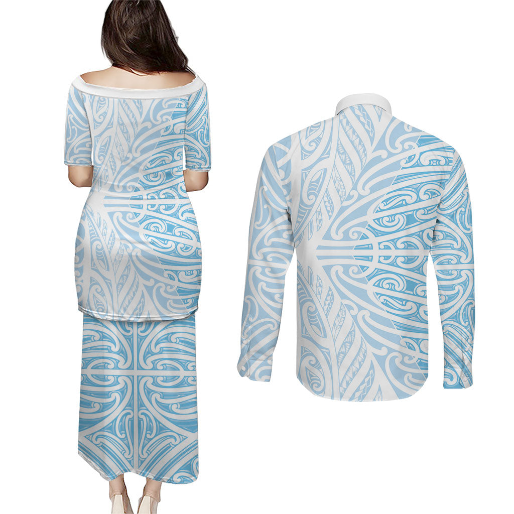 Blue New Zealand Puhoro Maori Tattoo Couples Matching Puletasi and Long Sleeve Button Shirt LT14 - Polynesian Pride
