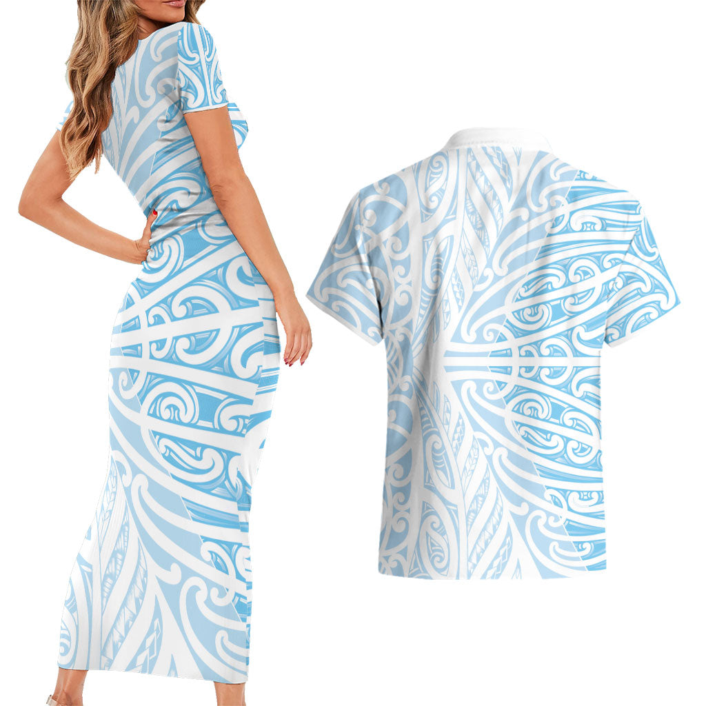 Blue New Zealand Puhoro Maori Tattoo Couples Matching Short Sleeve Bodycon Dress and Hawaiian Shirt LT14 - Polynesian Pride
