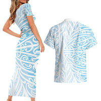 Blue New Zealand Puhoro Maori Tattoo Couples Matching Short Sleeve Bodycon Dress and Hawaiian Shirt LT14 - Polynesian Pride