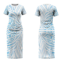 Blue New Zealand Puhoro Maori Tattoo Couples Matching Short Sleeve Bodycon Dress and Hawaiian Shirt LT14 - Polynesian Pride