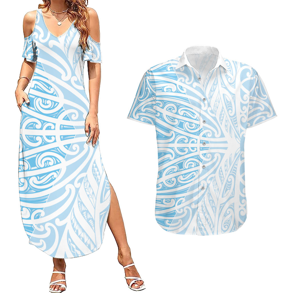Blue New Zealand Puhoro Maori Tattoo Couples Matching Summer Maxi Dress and Hawaiian Shirt LT14 Blue - Polynesian Pride