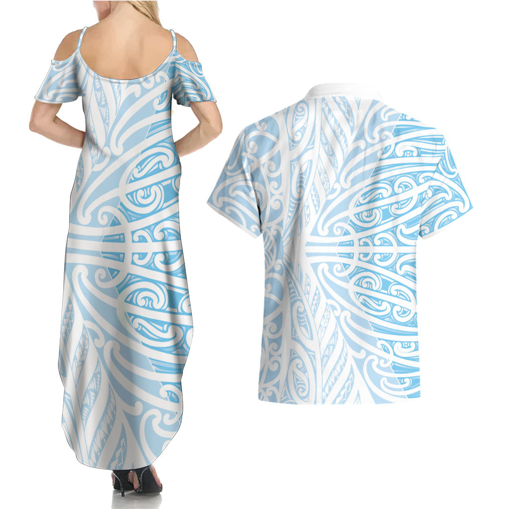 Blue New Zealand Puhoro Maori Tattoo Couples Matching Summer Maxi Dress and Hawaiian Shirt LT14 - Polynesian Pride