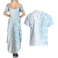 Blue New Zealand Puhoro Maori Tattoo Couples Matching Summer Maxi Dress and Hawaiian Shirt LT14 - Polynesian Pride