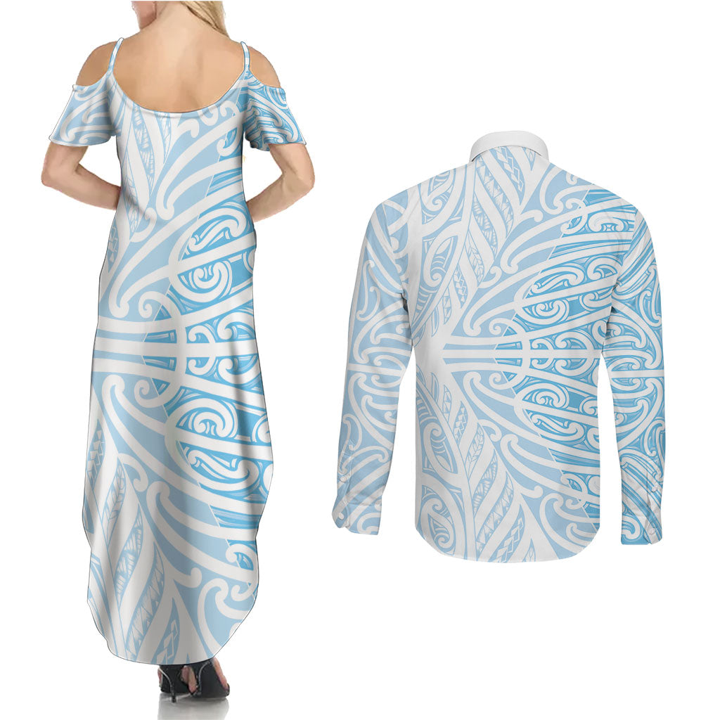 Blue New Zealand Puhoro Maori Tattoo Couples Matching Summer Maxi Dress and Long Sleeve Button Shirt LT14 - Polynesian Pride