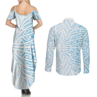 Blue New Zealand Puhoro Maori Tattoo Couples Matching Summer Maxi Dress and Long Sleeve Button Shirt LT14 - Polynesian Pride