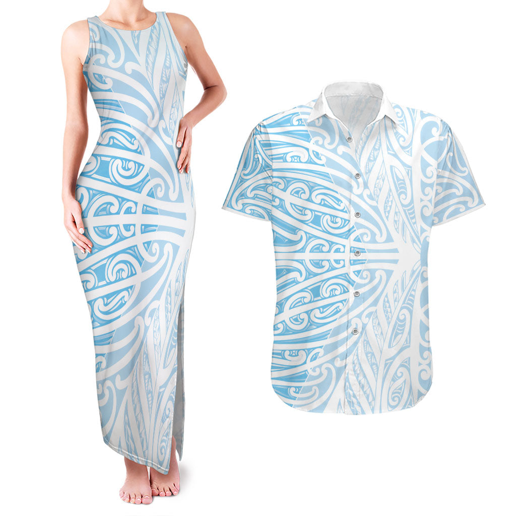 Blue New Zealand Puhoro Maori Tattoo Couples Matching Tank Maxi Dress and Hawaiian Shirt LT14 Blue - Polynesian Pride