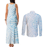 Blue New Zealand Puhoro Maori Tattoo Couples Matching Tank Maxi Dress and Long Sleeve Button Shirt LT14 - Polynesian Pride