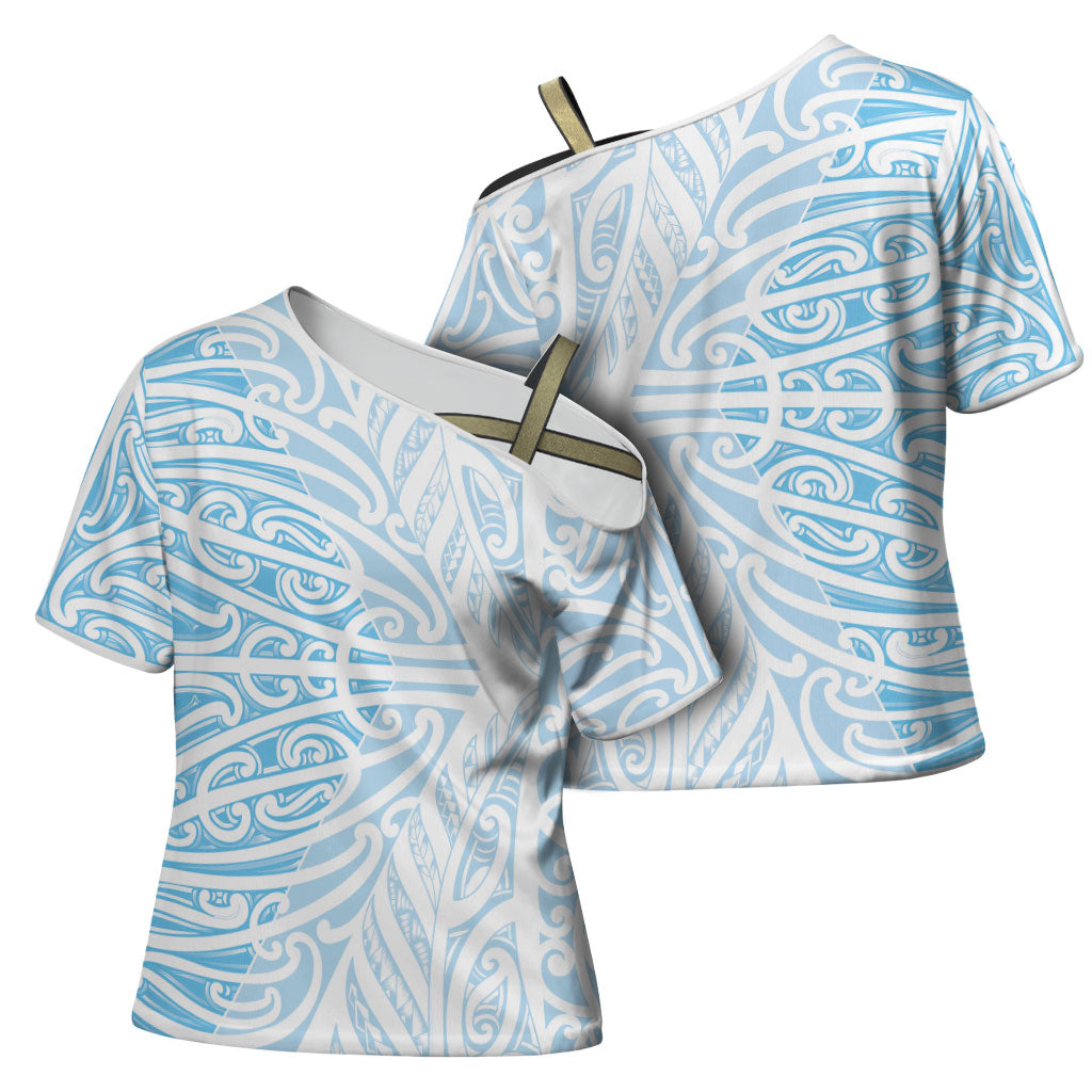 Blue New Zealand Puhoro Maori Tattoo Cross Shoulder Shirt LT14 - Polynesian Pride