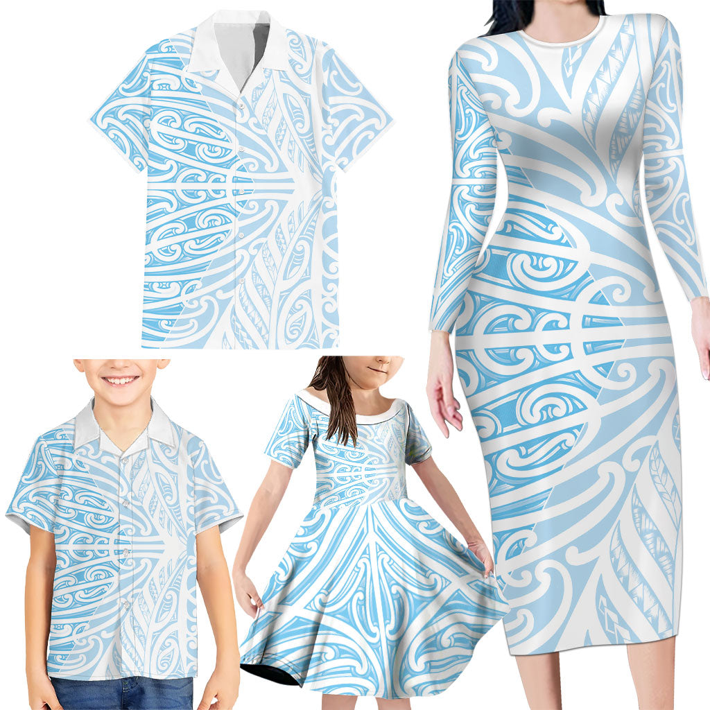 Blue New Zealand Puhoro Maori Tattoo Family Matching Long Sleeve Bodycon Dress and Hawaiian Shirt LT14 - Polynesian Pride