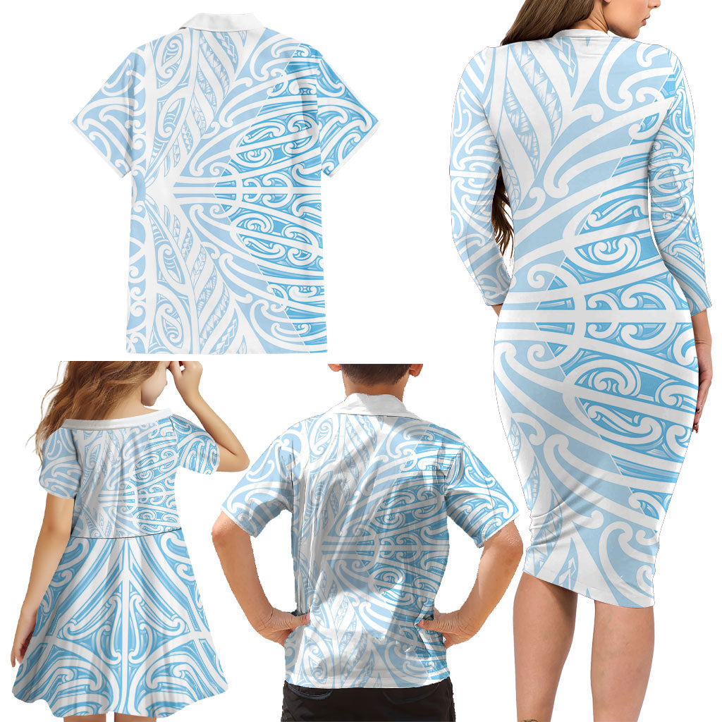 Blue New Zealand Puhoro Maori Tattoo Family Matching Long Sleeve Bodycon Dress and Hawaiian Shirt LT14 - Polynesian Pride