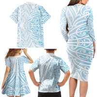 Blue New Zealand Puhoro Maori Tattoo Family Matching Long Sleeve Bodycon Dress and Hawaiian Shirt LT14 - Polynesian Pride