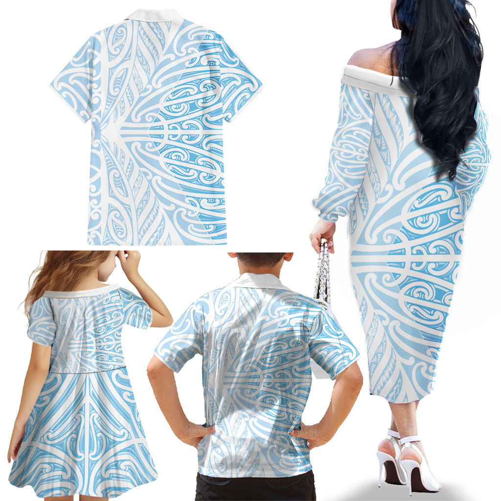Blue New Zealand Puhoro Maori Tattoo Family Matching Off The Shoulder Long Sleeve Dress and Hawaiian Shirt LT14 - Polynesian Pride