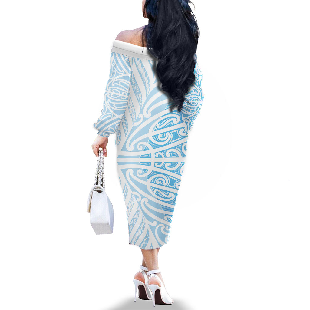 Blue New Zealand Puhoro Maori Tattoo Family Matching Off The Shoulder Long Sleeve Dress and Hawaiian Shirt LT14 - Polynesian Pride