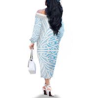 Blue New Zealand Puhoro Maori Tattoo Family Matching Off The Shoulder Long Sleeve Dress and Hawaiian Shirt LT14 - Polynesian Pride