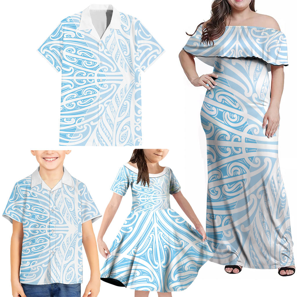 Blue New Zealand Puhoro Maori Tattoo Family Matching Off Shoulder Maxi Dress and Hawaiian Shirt LT14 - Polynesian Pride