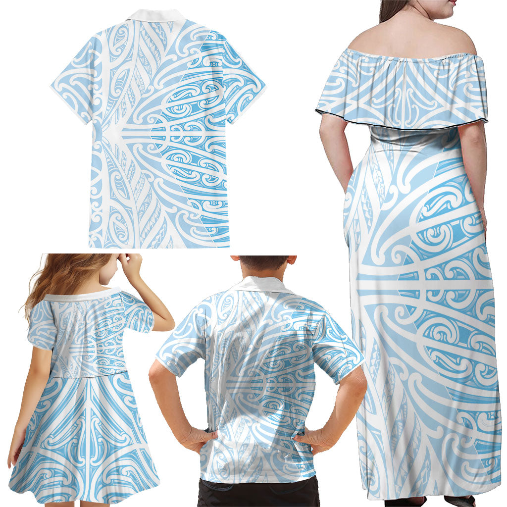 Blue New Zealand Puhoro Maori Tattoo Family Matching Off Shoulder Maxi Dress and Hawaiian Shirt LT14 - Polynesian Pride