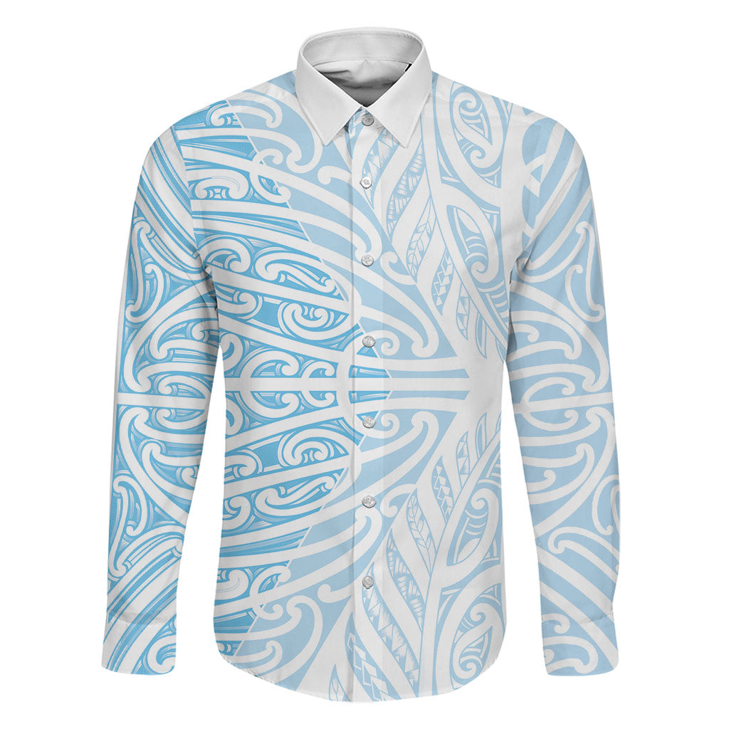 Blue New Zealand Puhoro Maori Tattoo Family Matching Off Shoulder Maxi Dress and Hawaiian Shirt LT14 Dad's Shirt - Long Sleeve Blue - Polynesian Pride