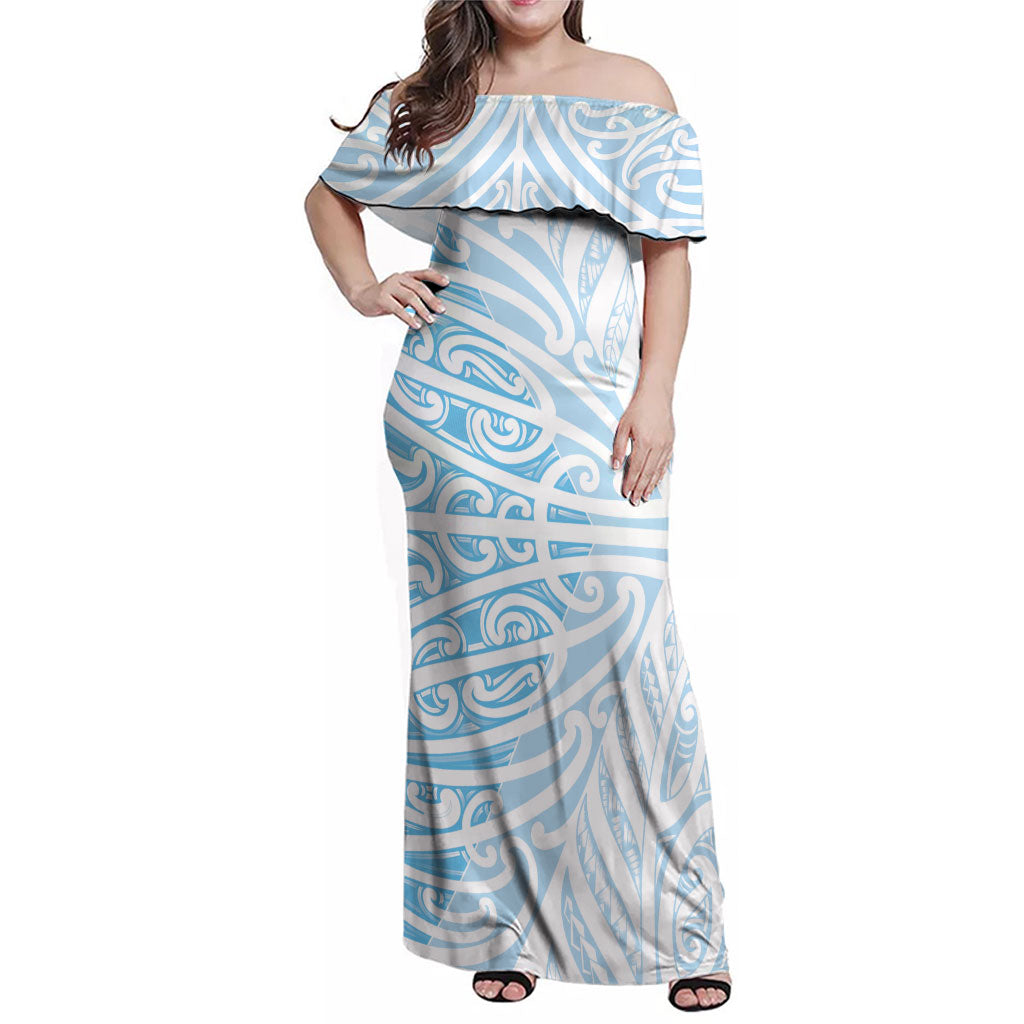 Blue New Zealand Puhoro Maori Tattoo Family Matching Off Shoulder Maxi Dress and Hawaiian Shirt LT14 Mom's Dress Blue - Polynesian Pride