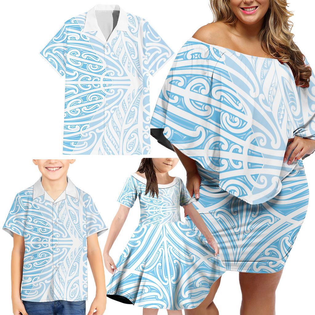 Blue New Zealand Puhoro Maori Tattoo Family Matching Off Shoulder Short Dress and Hawaiian Shirt LT14 - Polynesian Pride