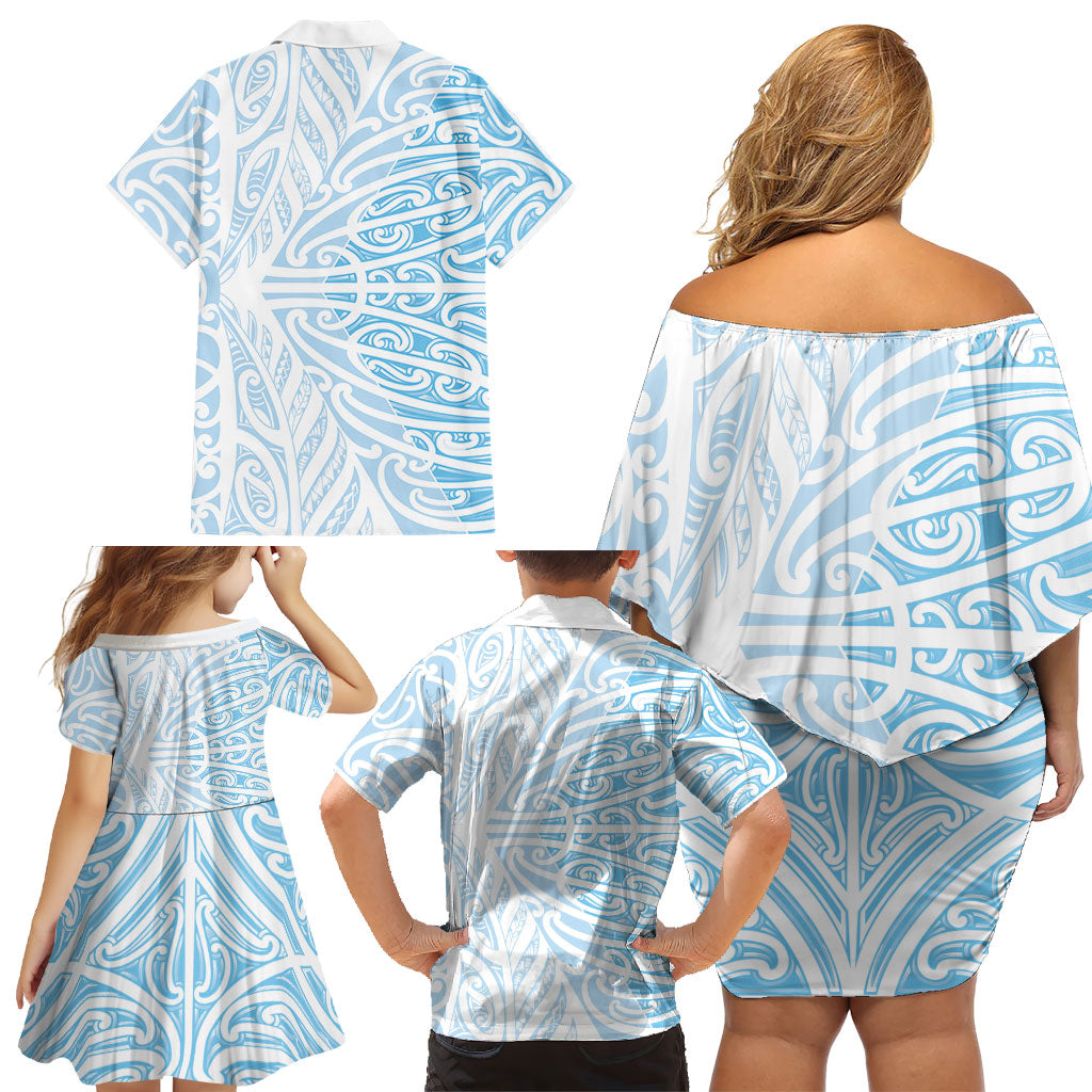 Blue New Zealand Puhoro Maori Tattoo Family Matching Off Shoulder Short Dress and Hawaiian Shirt LT14 - Polynesian Pride