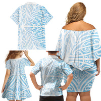Blue New Zealand Puhoro Maori Tattoo Family Matching Off Shoulder Short Dress and Hawaiian Shirt LT14 - Polynesian Pride
