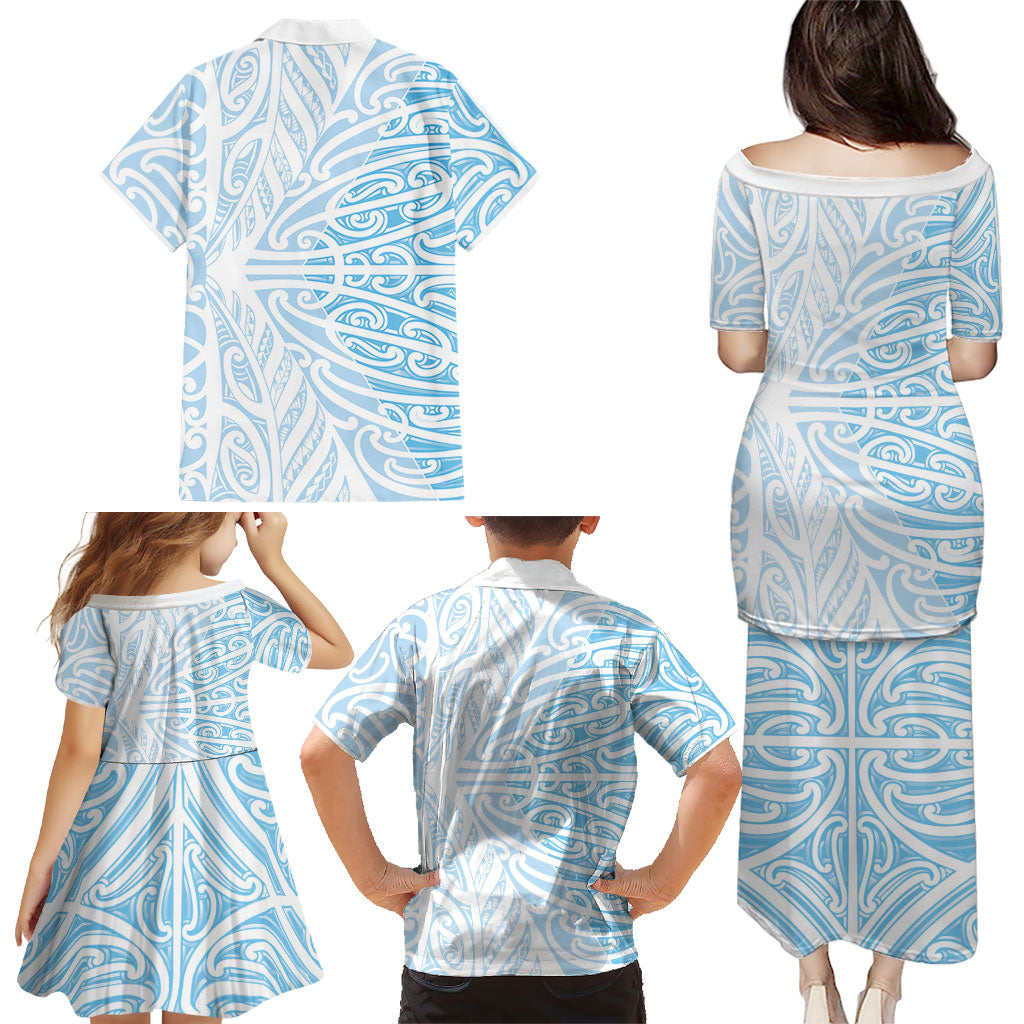 Blue New Zealand Puhoro Maori Tattoo Family Matching Puletasi and Hawaiian Shirt LT14 - Polynesian Pride