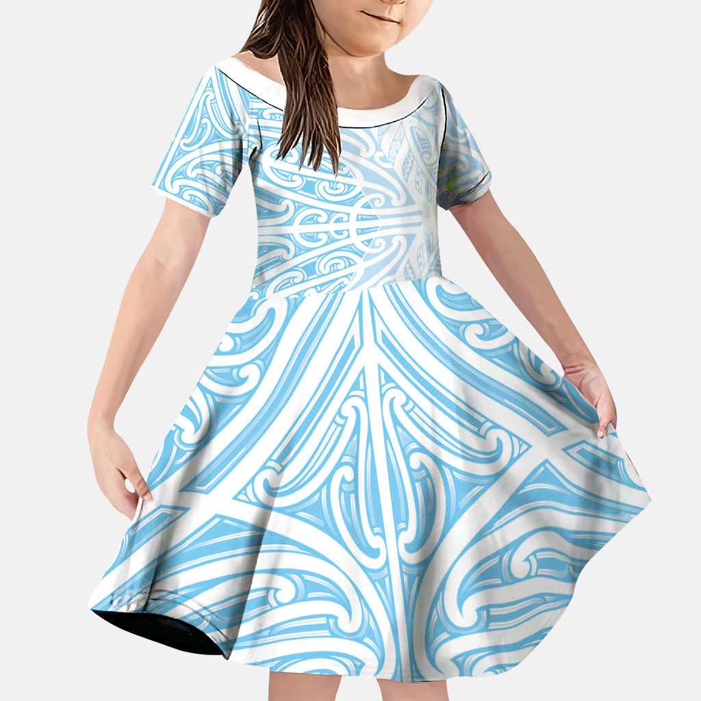 Blue New Zealand Puhoro Maori Tattoo Family Matching Short Sleeve Bodycon Dress and Hawaiian Shirt LT14 Daughter's Dress Blue - Polynesian Pride