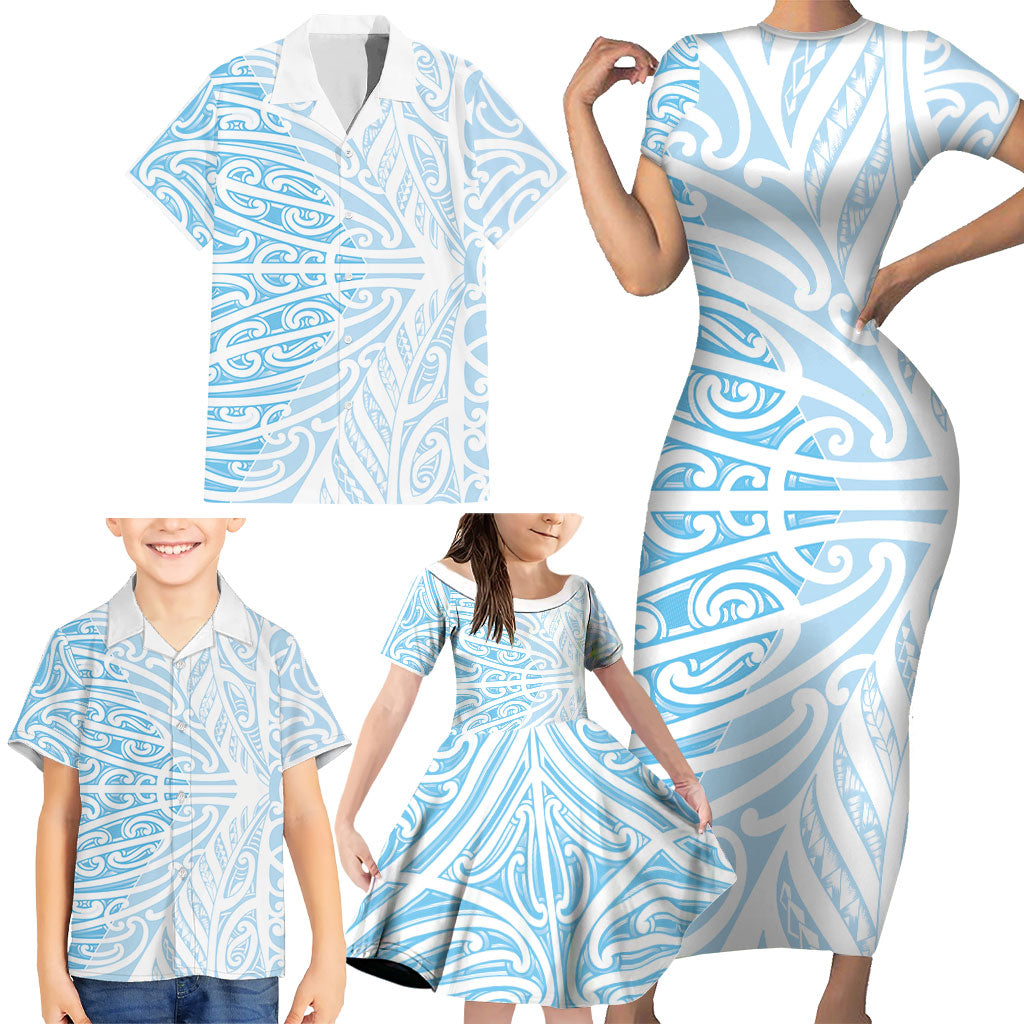Blue New Zealand Puhoro Maori Tattoo Family Matching Short Sleeve Bodycon Dress and Hawaiian Shirt LT14 - Polynesian Pride