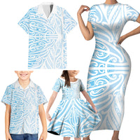 Blue New Zealand Puhoro Maori Tattoo Family Matching Short Sleeve Bodycon Dress and Hawaiian Shirt LT14 - Polynesian Pride