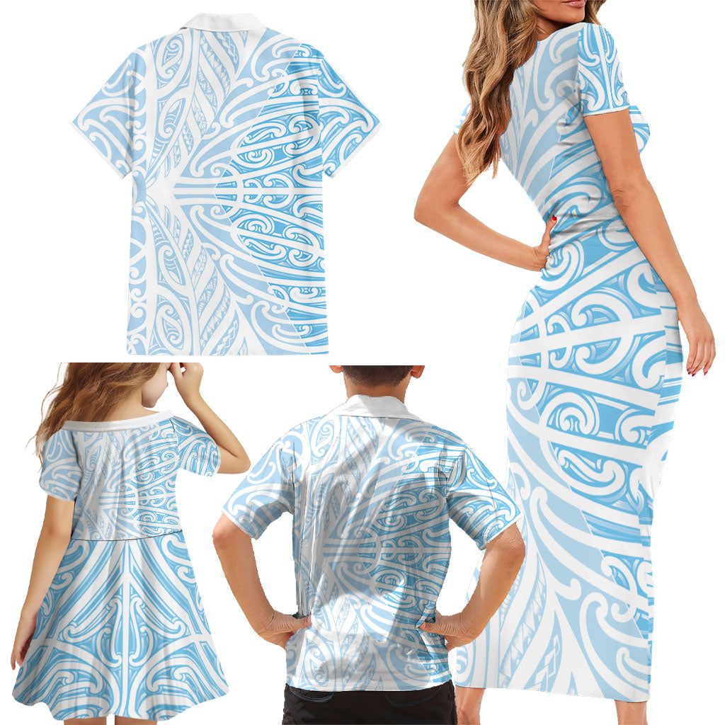 Blue New Zealand Puhoro Maori Tattoo Family Matching Short Sleeve Bodycon Dress and Hawaiian Shirt LT14 - Polynesian Pride