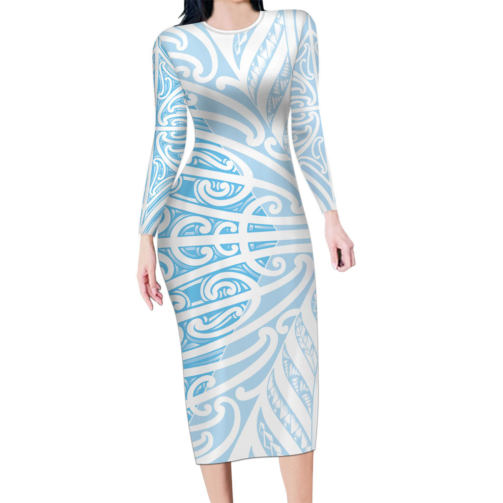 Blue New Zealand Puhoro Maori Tattoo Long Sleeve Bodycon Dress LT14 Long Dress Blue - Polynesian Pride
