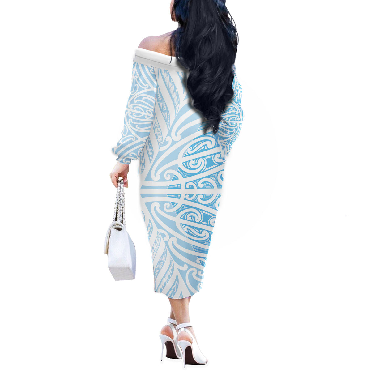 Blue New Zealand Puhoro Maori Tattoo Off The Shoulder Long Sleeve Dress LT14 - Polynesian Pride