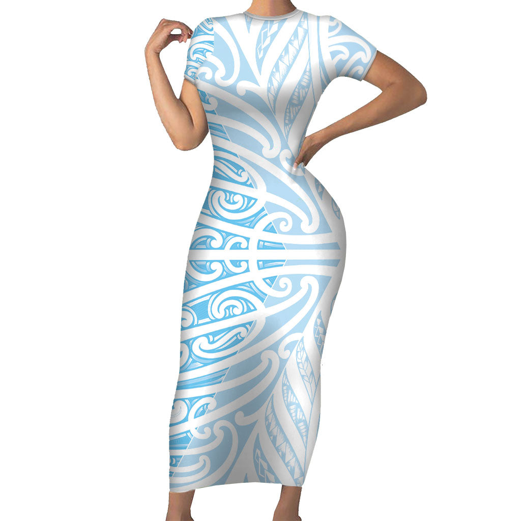 Blue New Zealand Puhoro Maori Tattoo Short Sleeve Bodycon Dress LT14 Long Dress Blue - Polynesian Pride