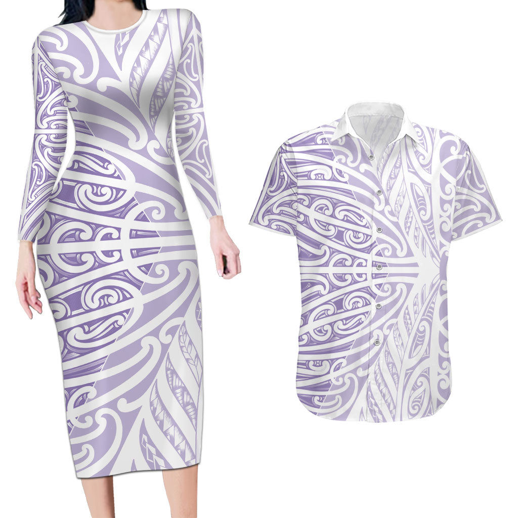Purple New Zealand Puhoro Maori Tattoo Couples Matching Long Sleeve Bodycon Dress and Hawaiian Shirt LT14 Purple - Polynesian Pride