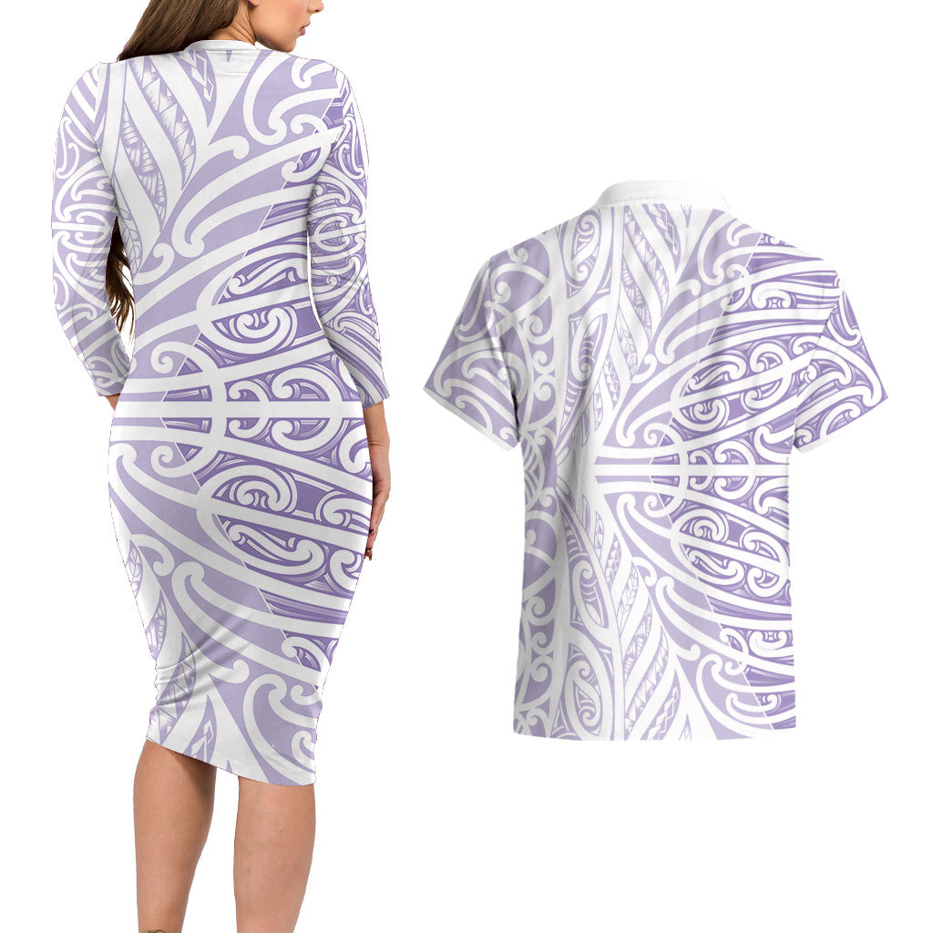 Purple New Zealand Puhoro Maori Tattoo Couples Matching Long Sleeve Bodycon Dress and Hawaiian Shirt LT14 - Polynesian Pride