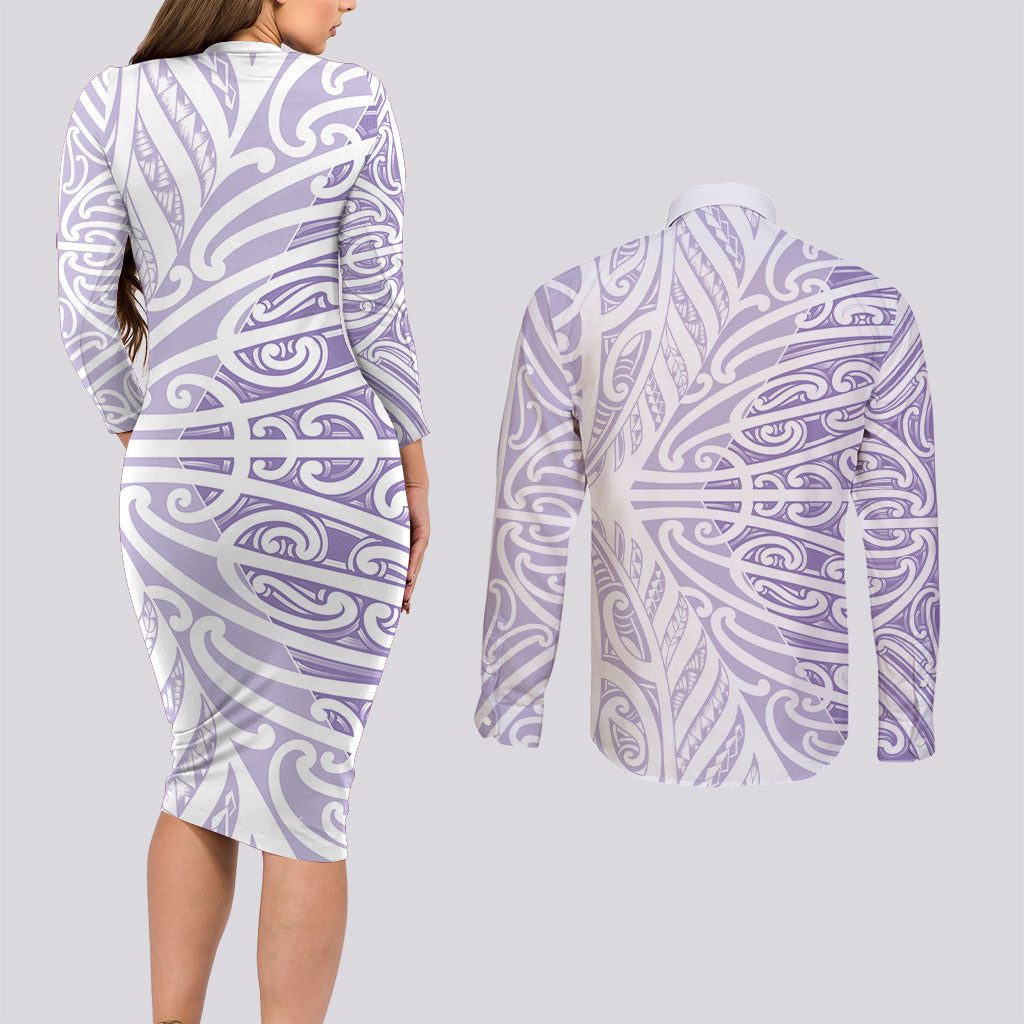 Purple New Zealand Puhoro Maori Tattoo Couples Matching Long Sleeve Bodycon Dress and Long Sleeve Button Shirt LT14 - Polynesian Pride