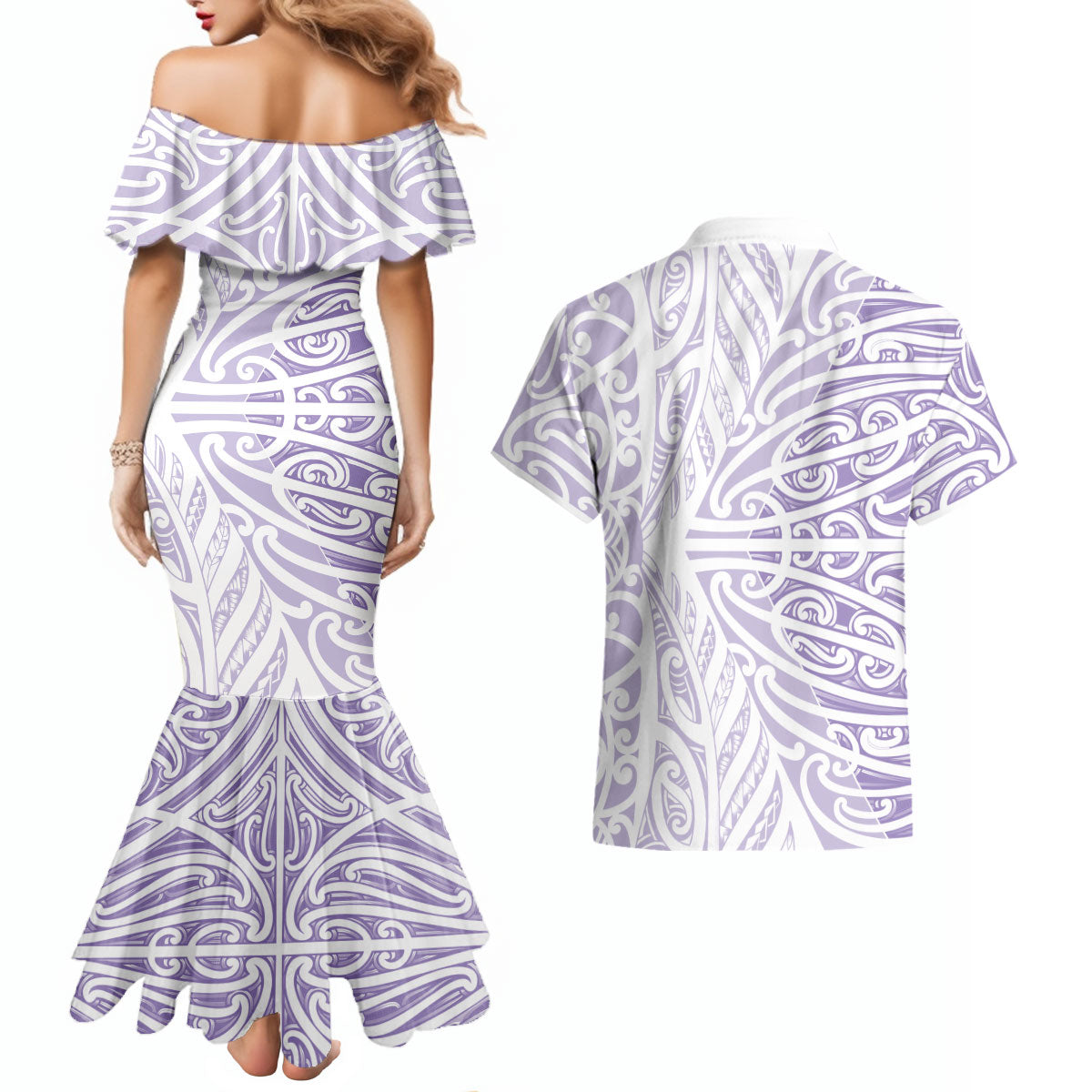 Purple New Zealand Puhoro Maori Tattoo Couples Matching Mermaid Dress and Hawaiian Shirt LT14 - Polynesian Pride