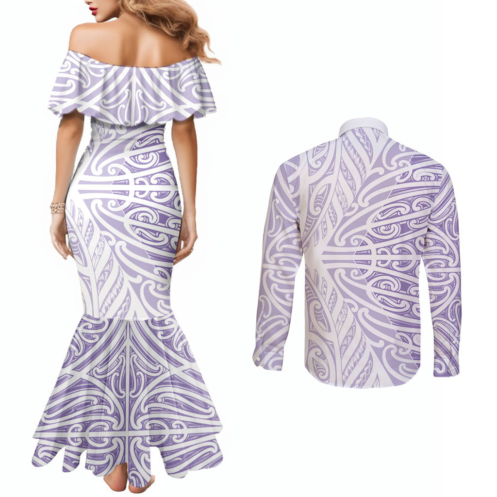 Purple New Zealand Puhoro Maori Tattoo Couples Matching Mermaid Dress and Long Sleeve Button Shirt LT14 - Polynesian Pride