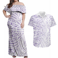 Purple New Zealand Puhoro Maori Tattoo Couples Matching Off Shoulder Maxi Dress and Hawaiian Shirt LT14 Purple - Polynesian Pride