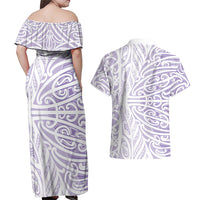 Purple New Zealand Puhoro Maori Tattoo Couples Matching Off Shoulder Maxi Dress and Hawaiian Shirt LT14 - Polynesian Pride