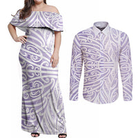 Purple New Zealand Puhoro Maori Tattoo Couples Matching Off Shoulder Maxi Dress and Long Sleeve Button Shirt LT14 Purple - Polynesian Pride