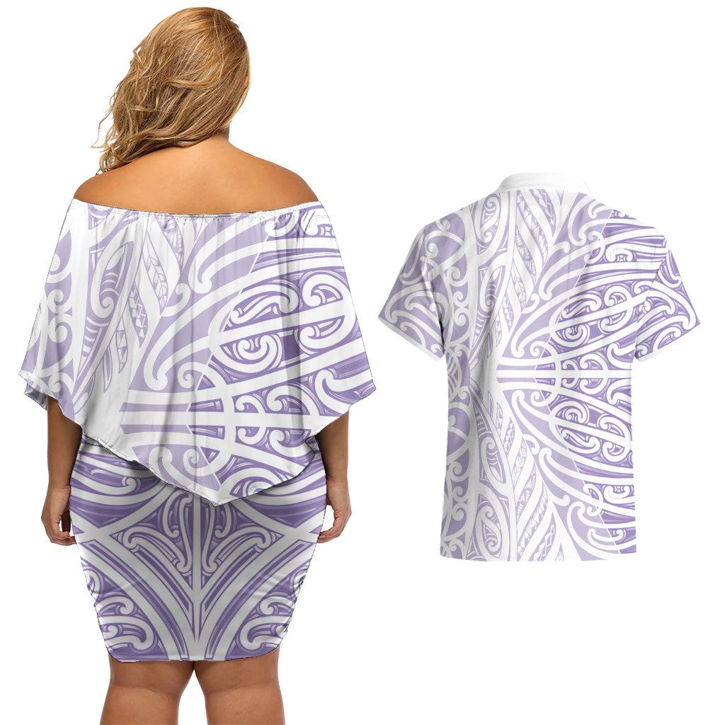 Purple New Zealand Puhoro Maori Tattoo Couples Matching Off Shoulder Short Dress and Hawaiian Shirt LT14 - Polynesian Pride