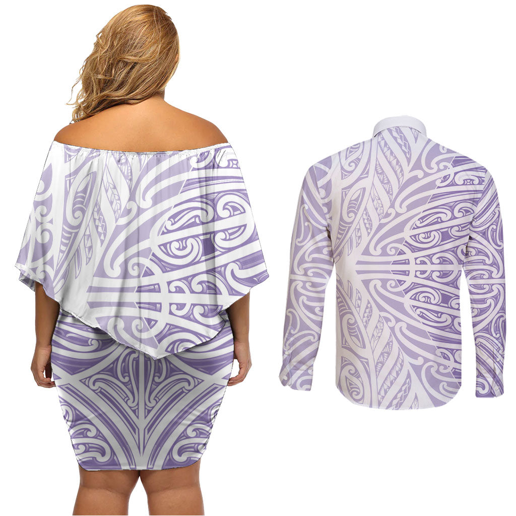 Purple New Zealand Puhoro Maori Tattoo Couples Matching Off Shoulder Short Dress and Long Sleeve Button Shirt LT14 - Polynesian Pride