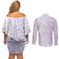 Purple New Zealand Puhoro Maori Tattoo Couples Matching Off Shoulder Short Dress and Long Sleeve Button Shirt LT14 - Polynesian Pride