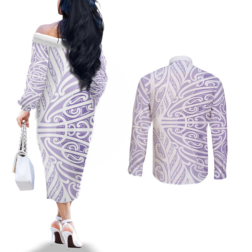 Purple New Zealand Puhoro Maori Tattoo Couples Matching Off The Shoulder Long Sleeve Dress and Long Sleeve Button Shirt LT14 - Polynesian Pride